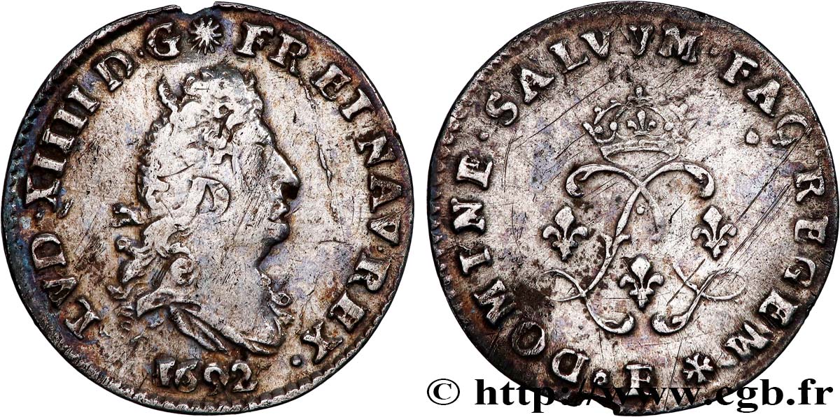 LOUIS XIV  THE SUN KING  Quatre sols aux deux L 1692 Tours BC+