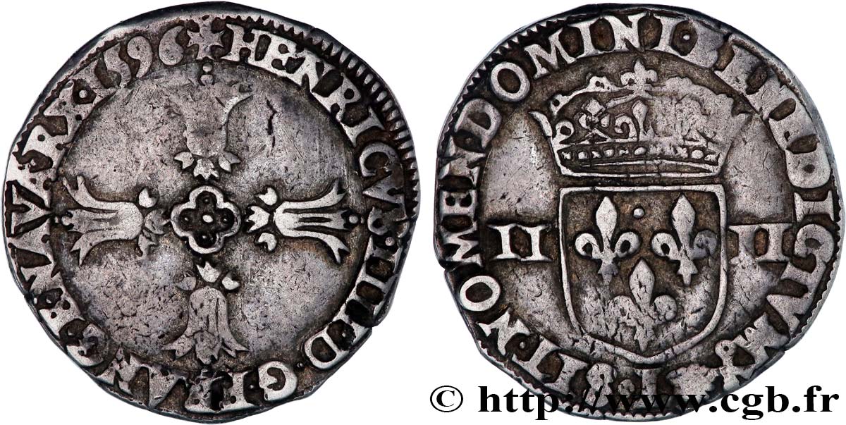 HENRI IV LE GRAND Quart d&nbsp;écu, croix feuillue de face 1596 Bayonne TTB