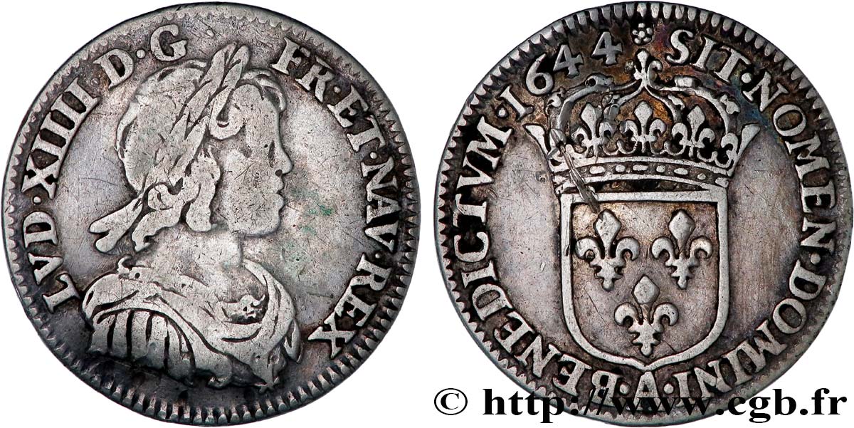 LOUIS XIV LE GRAND OU LE ROI SOLEIL Douzième d écu, portrait à la mèche courte 1644 Paris, Monnaie de Matignon TB+