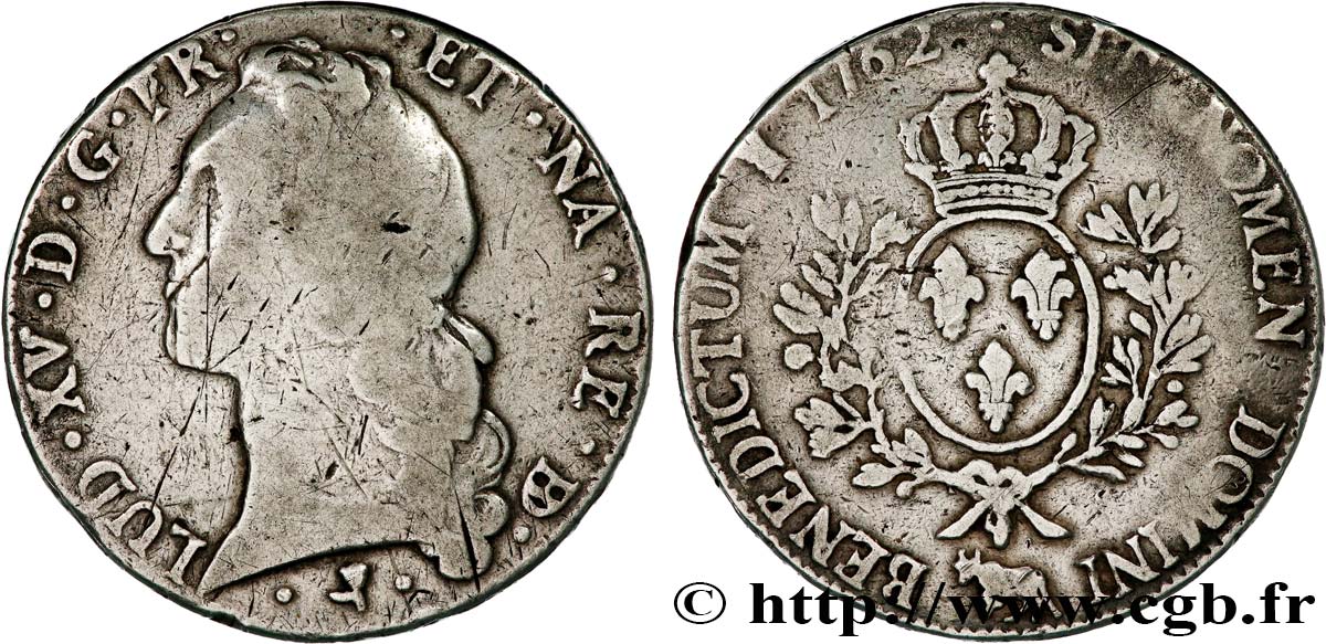 LOUIS XV  THE WELL-BELOVED  Écu aux branches d’olivier, tête ceinte d’un bandeau 1762 Pau fS