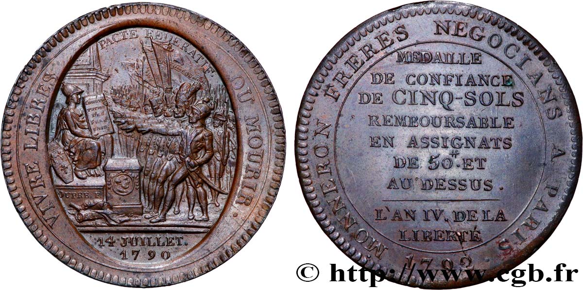 CONFIANCE (MONNAIES DE...) Monneron de 5 sols au serment (An IV), 3e type 1792 Birmingham, Soho SUP