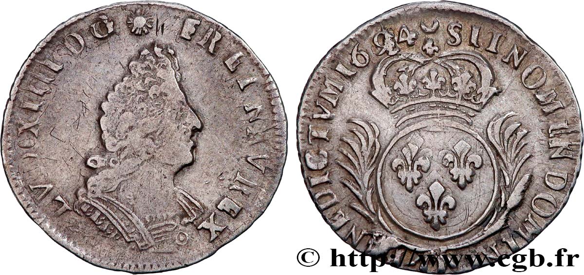 LOUIS XIV  THE SUN KING  Douzième d écu aux palmes 1694 Riom VF/XF