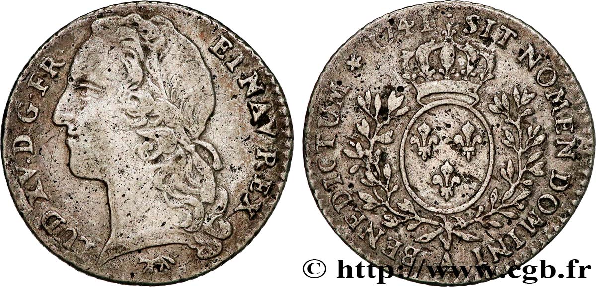 LOUIS XV  THE WELL-BELOVED  Dixième d écu aux branches d’olivier, tête ceinte d’un bandeau 1741 Paris VF