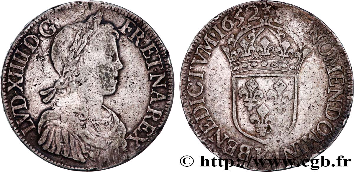 LOUIS XIV  THE SUN KING  Écu, portrait à la mèche longue 1652 Bordeaux BC+/MBC