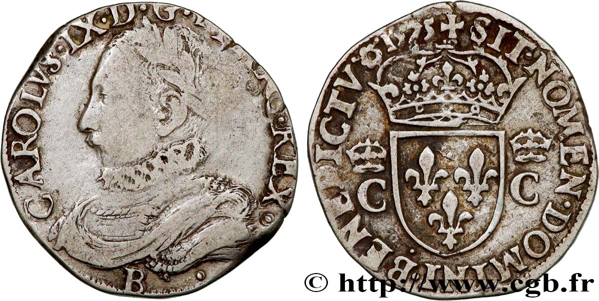 HENRI III. MONNAYAGE AU NOM DE CHARLES IX Teston, 10e type 1575 Rouen TB/TTB