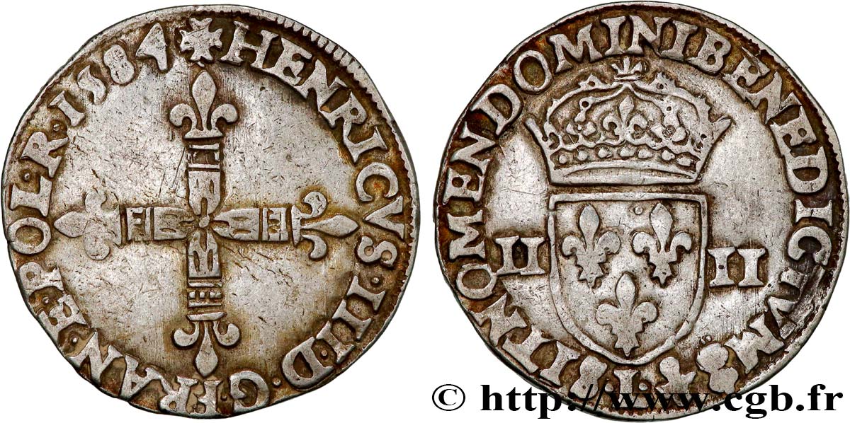 HENRI III Quart d écu, croix de face 1584 Bayonne TTB