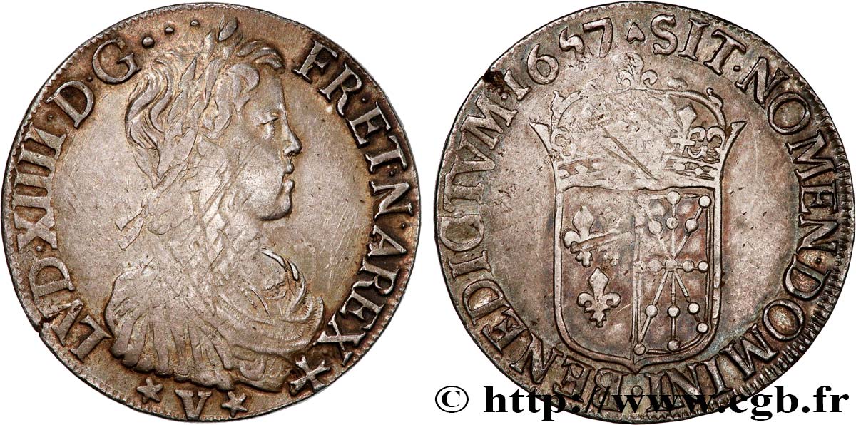 LOUIS XIV  THE SUN KING  Écu de Navarre, portrait à la mèche longue 1657 Saint-Palais MBC/MBC+
