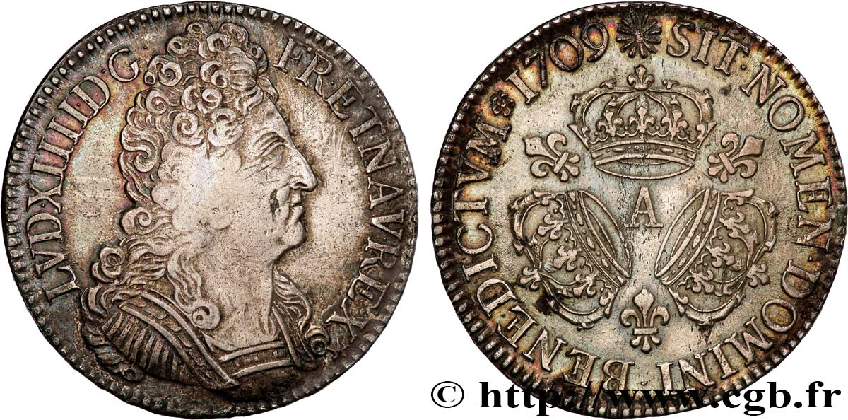 LOUIS XIV LE GRAND OU LE ROI SOLEIL Écu aux trois couronnes 1709 Paris TB+/TTB