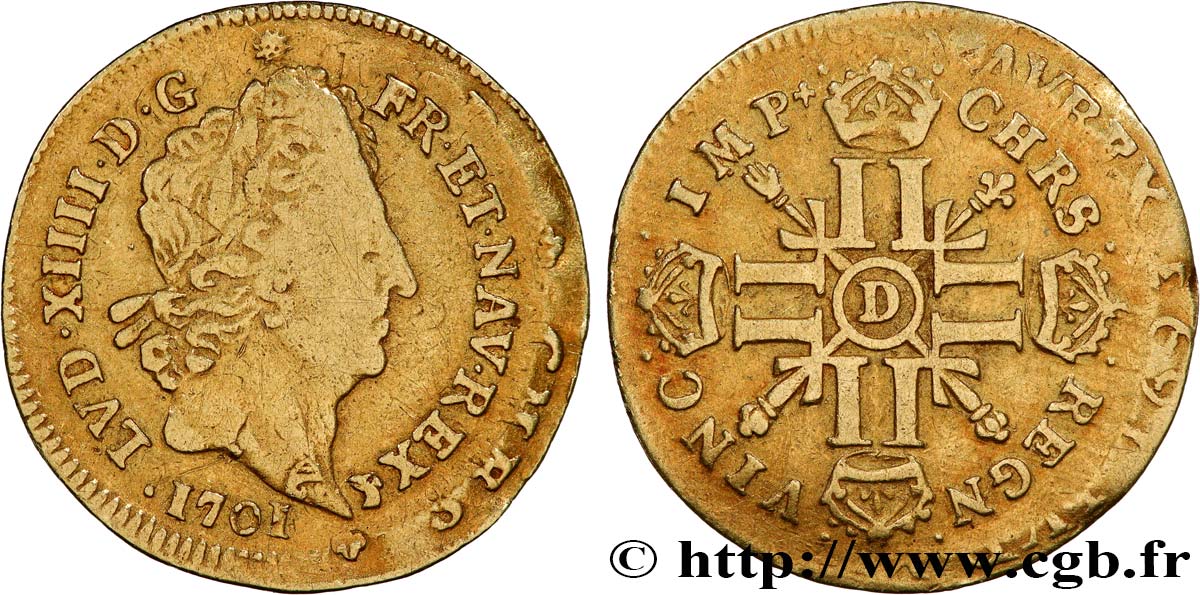 LOUIS XIV  THE SUN KING  Demi-louis aux huit L et aux insignes 1701 Lyon VF/XF