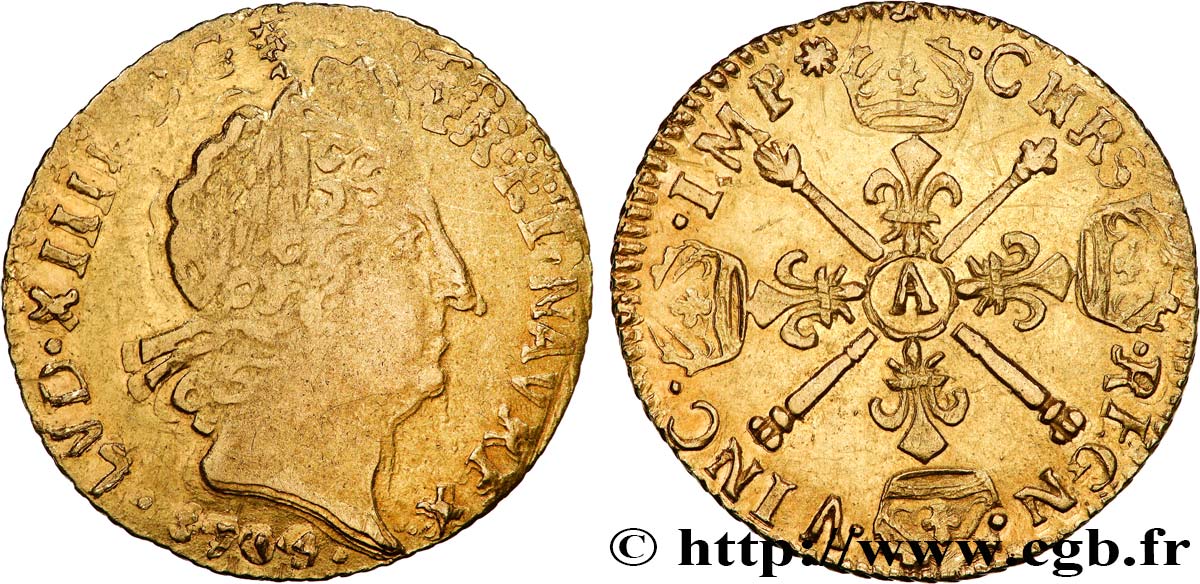 LOUIS XIV  THE SUN KING  Louis d or aux insignes, portrait aux cheveux courts, fausse réformation 1704 Paris BC+/MBC