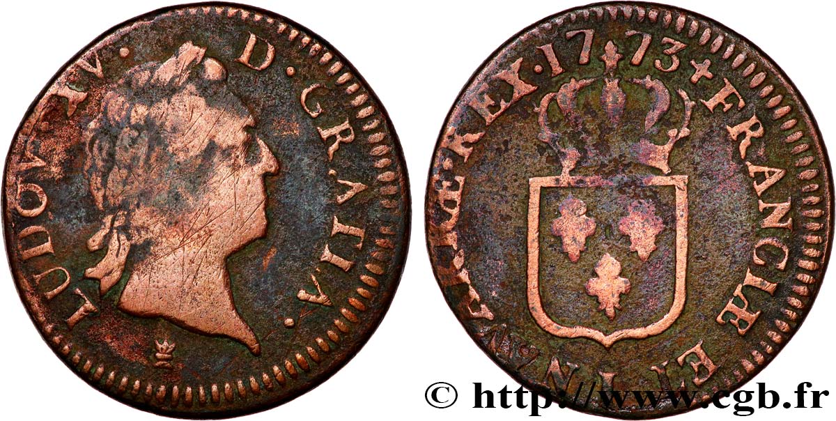 LOUIS XV DIT LE BIEN AIMÉ Sol dit &nbsp;à la vieille tête&nbsp; 1773 Limoges TB