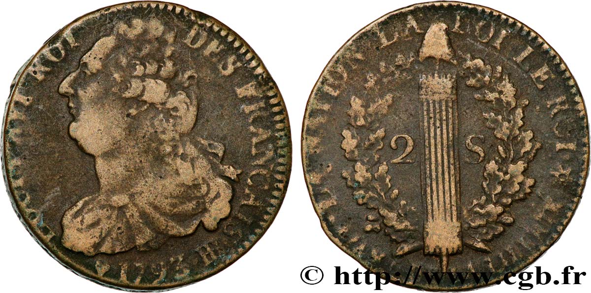 LOUIS XVI 2 sols dit  au faisceau , type FRANÇAIS 1793 Strasbourg fSS