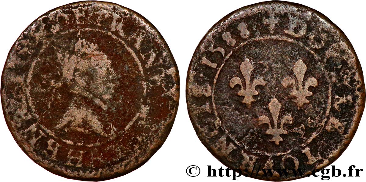 HENRI III Double tournois, 2e type de Paris, frappé au moulin 1588 Paris TB