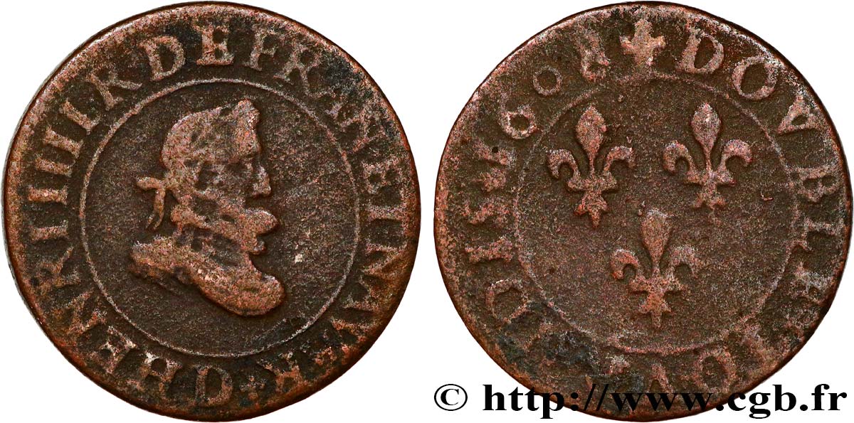 HENRI IV LE GRAND Double tournois, 1er type 1608 Lyon TB