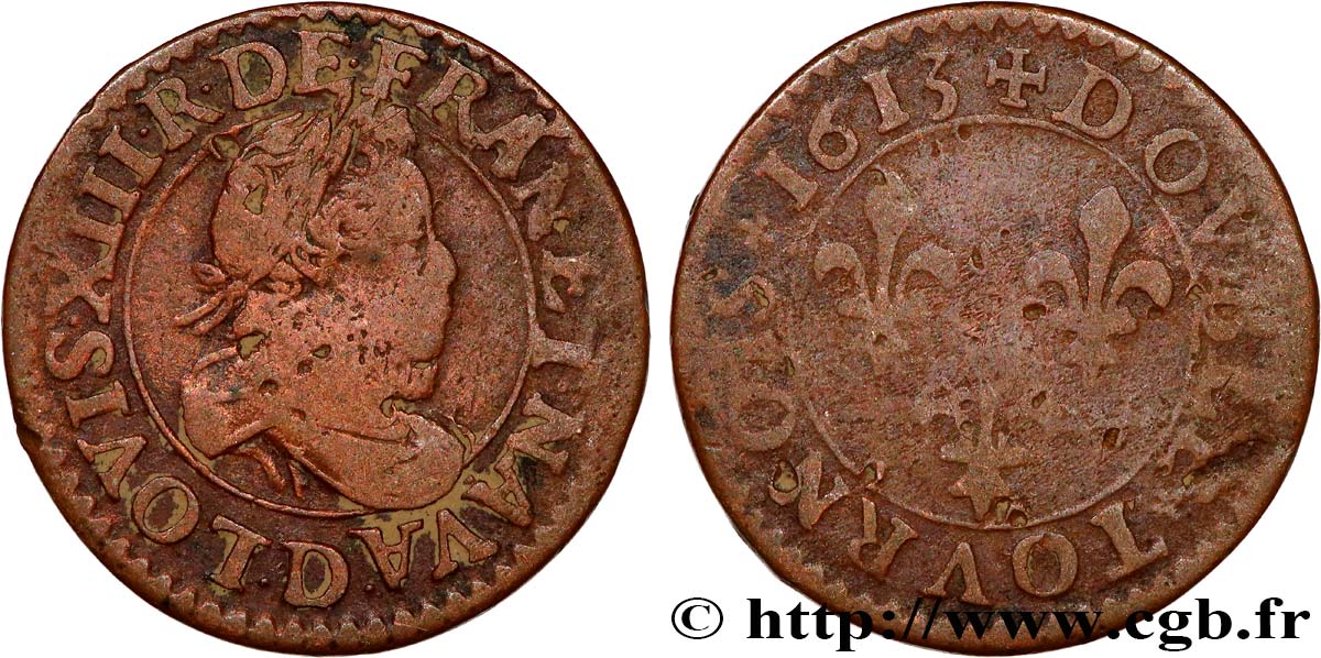 LOUIS XIII LE JUSTE Double tournois, type 3 1613 Lyon TB+