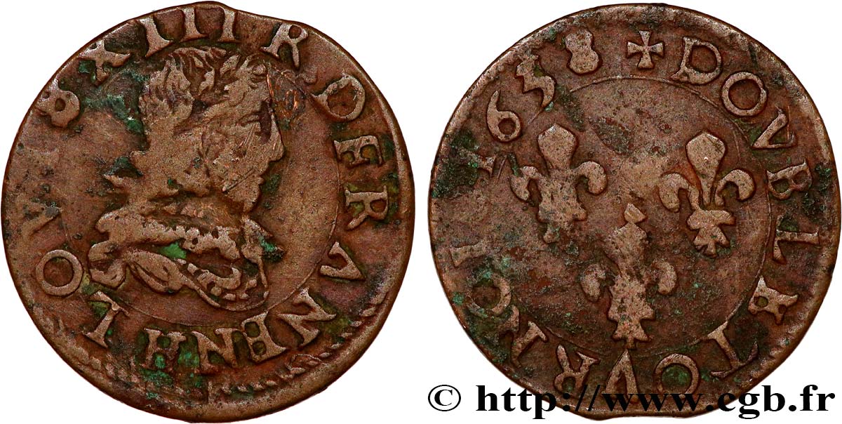 LOUIS XIII LE JUSTE Double tournois, 14e type 1638 La Rochelle TB+