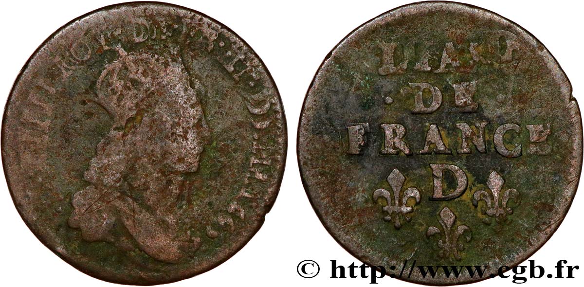 LOUIS XIV LE GRAND OU LE ROI SOLEIL Liard de cuivre, 2e type 1655 Vimy-en-Lyonnais (actuellement Neuville-sur-Saône) B+/TB