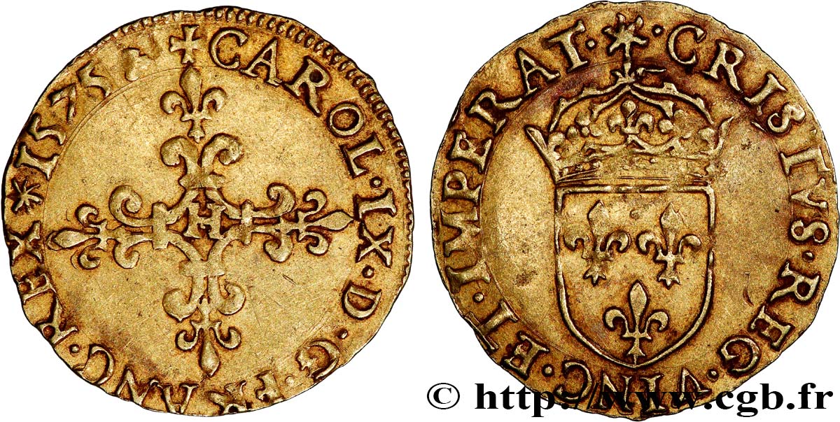 HENRY III. COINAGE AT THE NAME OF CHARLES IX Écu d or au soleil, 2e type 1575 La Rochelle AU