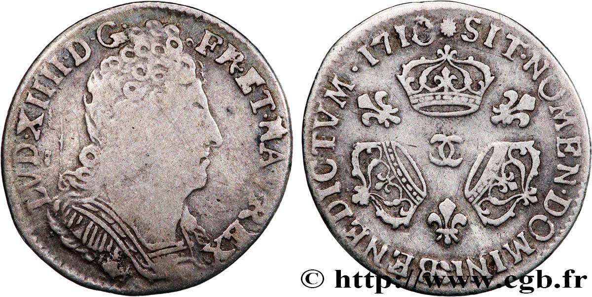 LOUIS XIV LE GRAND OU LE ROI SOLEIL Dixième d écu aux trois couronnes 1710 Besançon TB/TB+