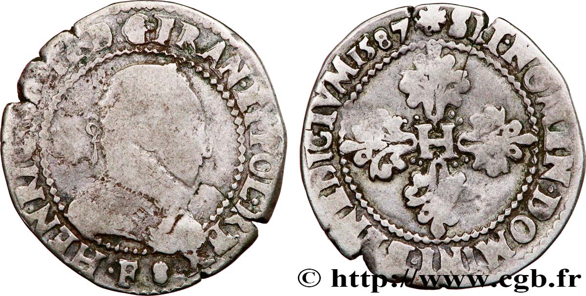 HENRI III Demi-franc au col gaufré 1587 Angers TB/TB+