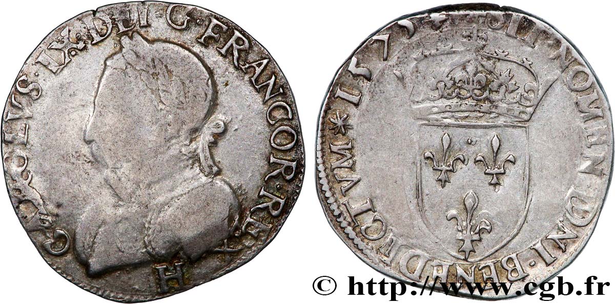 HENRI III. MONNAYAGE AU NOM DE CHARLES IX Teston, 11e type 1575 La Rochelle TB/TB+
