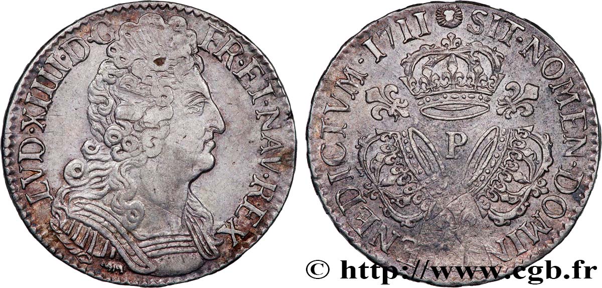 LOUIS XIV  THE SUN KING  Demi-écu aux trois couronnes 1711 Dijon XF/AU