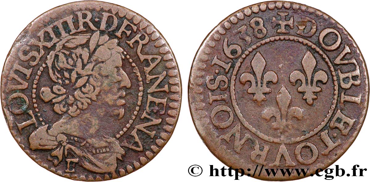 LOUIS XIII  Double tournois, type 12 1638 Tours BB
