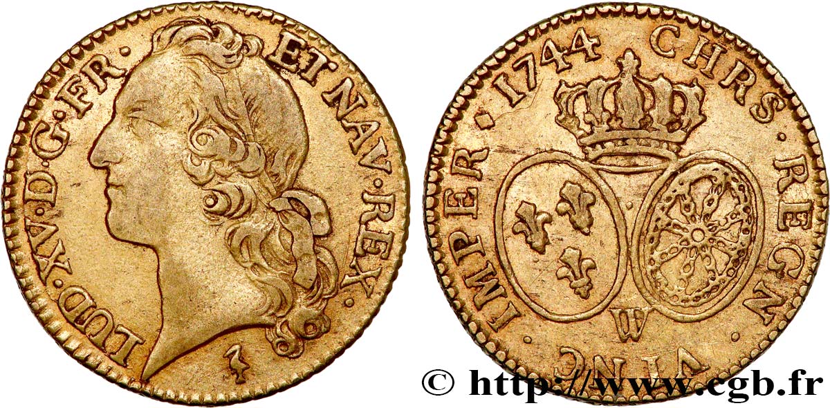 LOUIS XV DIT LE BIEN AIMÉ Louis d’or aux écus ovales, tête ceinte d’un bandeau 1744 Lille TTB