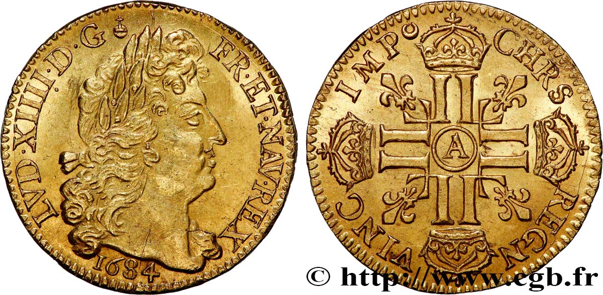 LOUIS XIV LE GRAND OU LE ROI SOLEIL Louis d’or aux huit L, portrait à la tête âgée et laurée 1684 Paris SPL/FDC