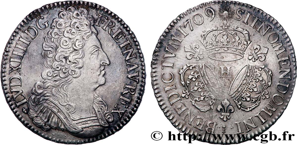 LOUIS XIV  THE SUN KING  Écu aux trois couronnes 1709 La Rochelle VZ