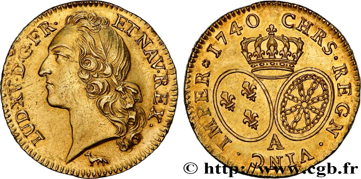 LOUIS XV THE BELOVED Louis d’or aux écus ovales, tête ceinte d’un bandeau 1740 Paris AU/MS