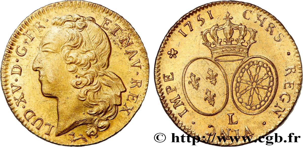 LOUIS XV  THE WELL-BELOVED  Double louis d’or aux écus ovales, tête ceinte d’un bandeau 1751 Bayonne VZ