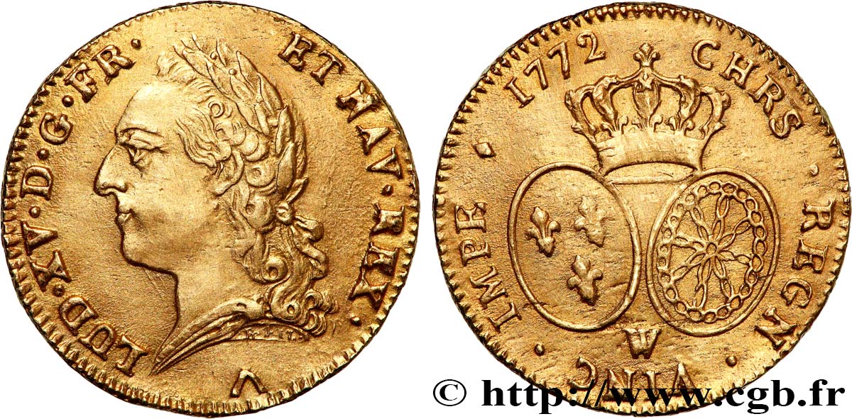 LOUIS XV  THE WELL-BELOVED  Double louis d or aux écus ovales, buste lauré 1772 Lille VZ