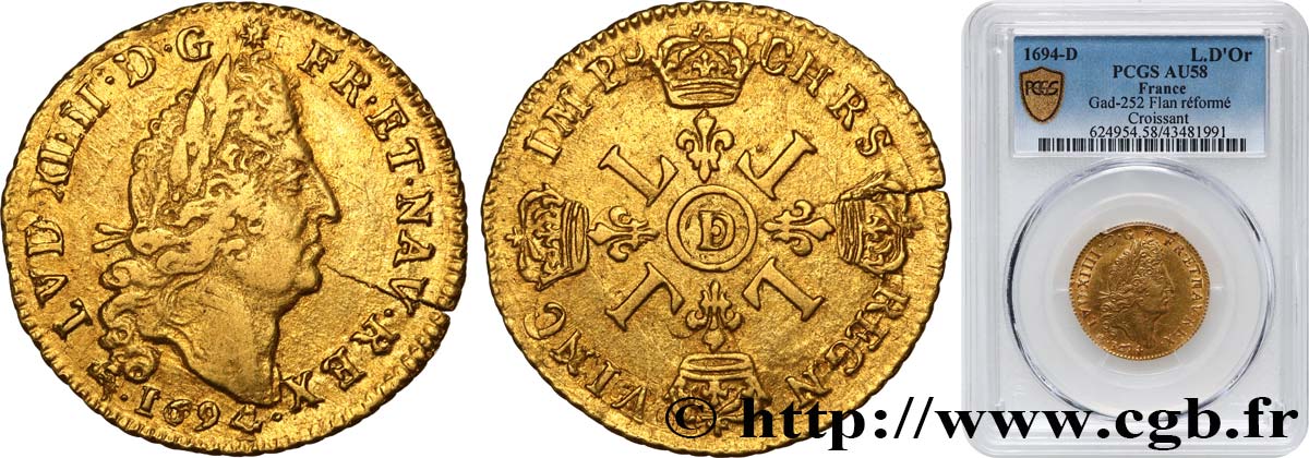 LOUIS XIV  THE SUN KING  Louis d or aux quatre L 1694 Lyon SPL58