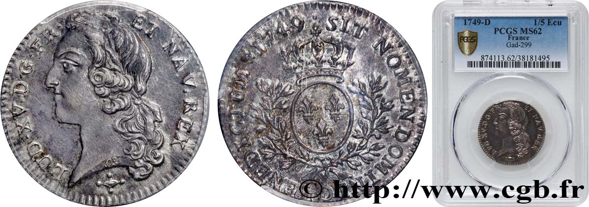 LOUIS XV  THE WELL-BELOVED  Cinquième d’écu aux branches d’olivier, tête ceinte d’un bandeau 1749 Lyon MS62