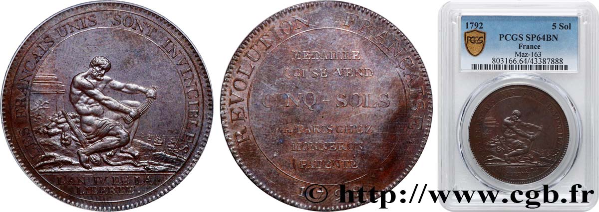 REVOLUTION COINAGE Monneron de 5 sols à l Hercule, frappe médaille 1792 Birmingham, Soho MS64