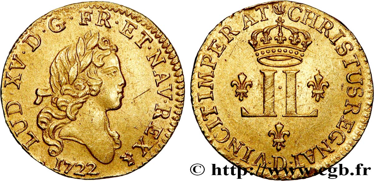 LOUIS XV THE BELOVED Demi-louis d’or aux deux L couronnées 1722 Lyon AU
