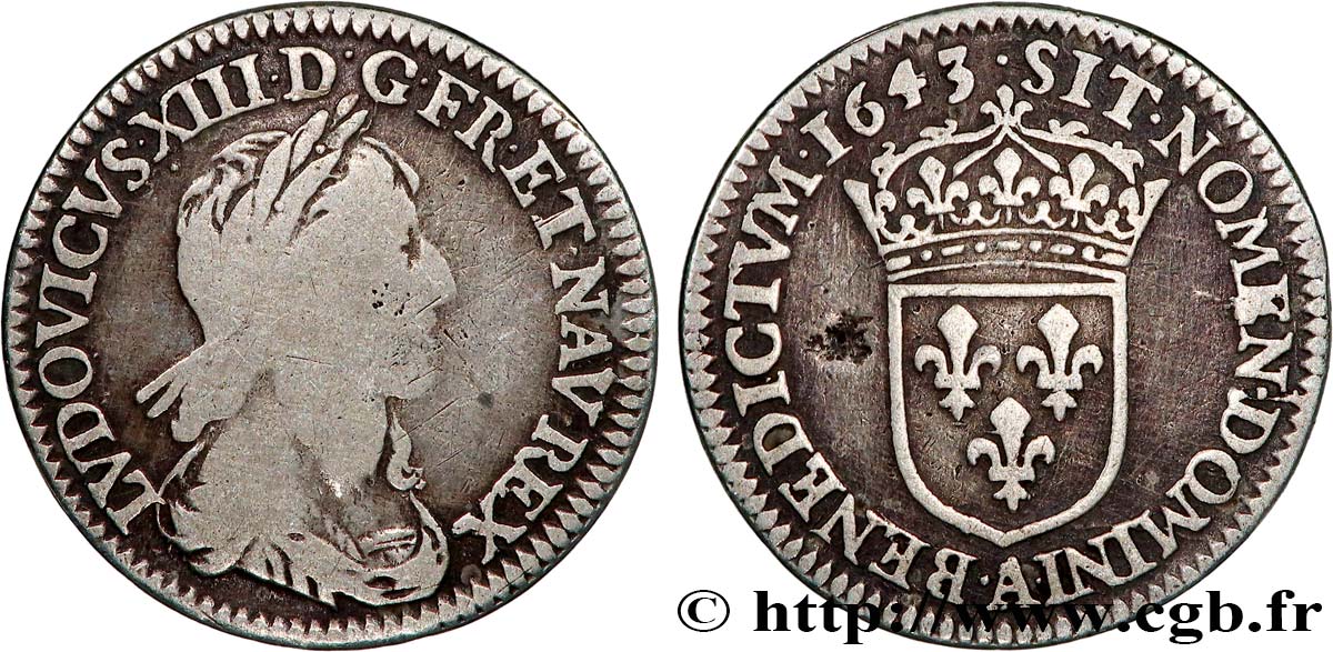 LOUIS XIII LE JUSTE Douzième d écu, 3e type, 2e poinçon de Warin 1643 Paris, Monnaie du Louvre TB/TTB