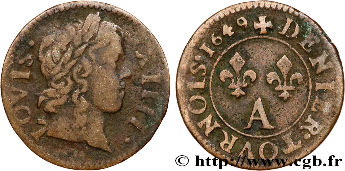 LOUIS XIV LE GRAND OU LE ROI SOLEIL Denier tournois 1649 Paris, Moulin du Louvre TB+/TTB