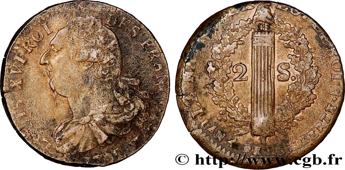 LOUIS XVI (MONARQUE CONSTITUTIONNEL)  2 sols dit  au faisceau , type FRANÇOIS 1792 Lille TB+