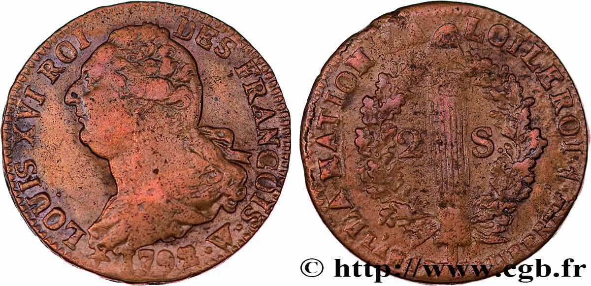 LOUIS XVI (MONARQUE CONSTITUTIONNEL)  2 sols dit  au faisceau , type FRANÇOIS 1792 Lille TTB