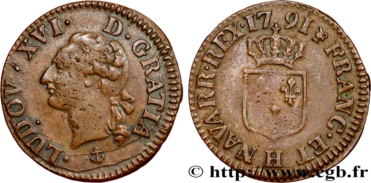 LOUIS XVI Liard dit “à l écu” 1791 La Rochelle TB+