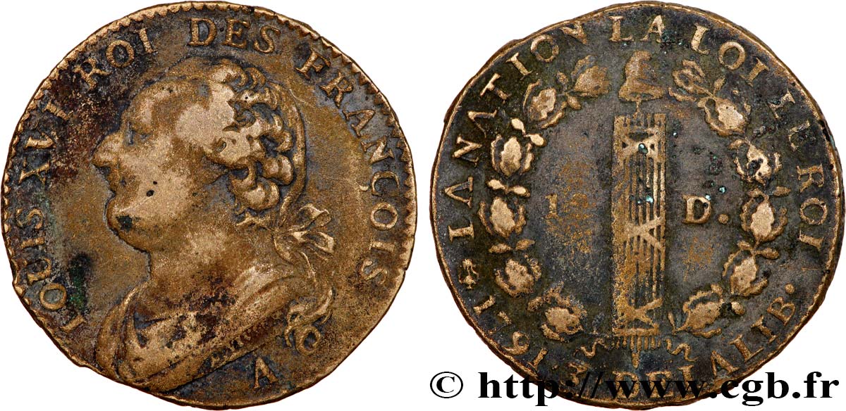 LOUIS XVI (MONARQUE CONSTITUTIONNEL)  12 deniers dit  au faisceau , type FRANÇOIS 1791 Paris TB