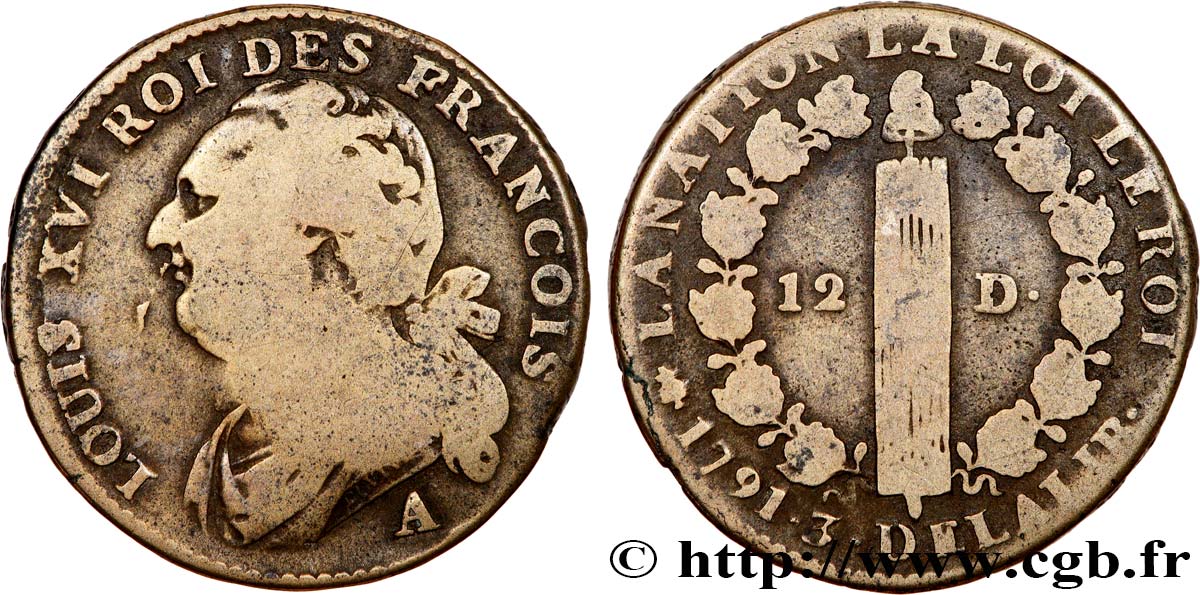 LOUIS XVI (MONARQUE CONSTITUTIONNEL)  12 deniers dit &nbsp;au faisceau&nbsp;, type FRANÇOIS 1791 Paris TB