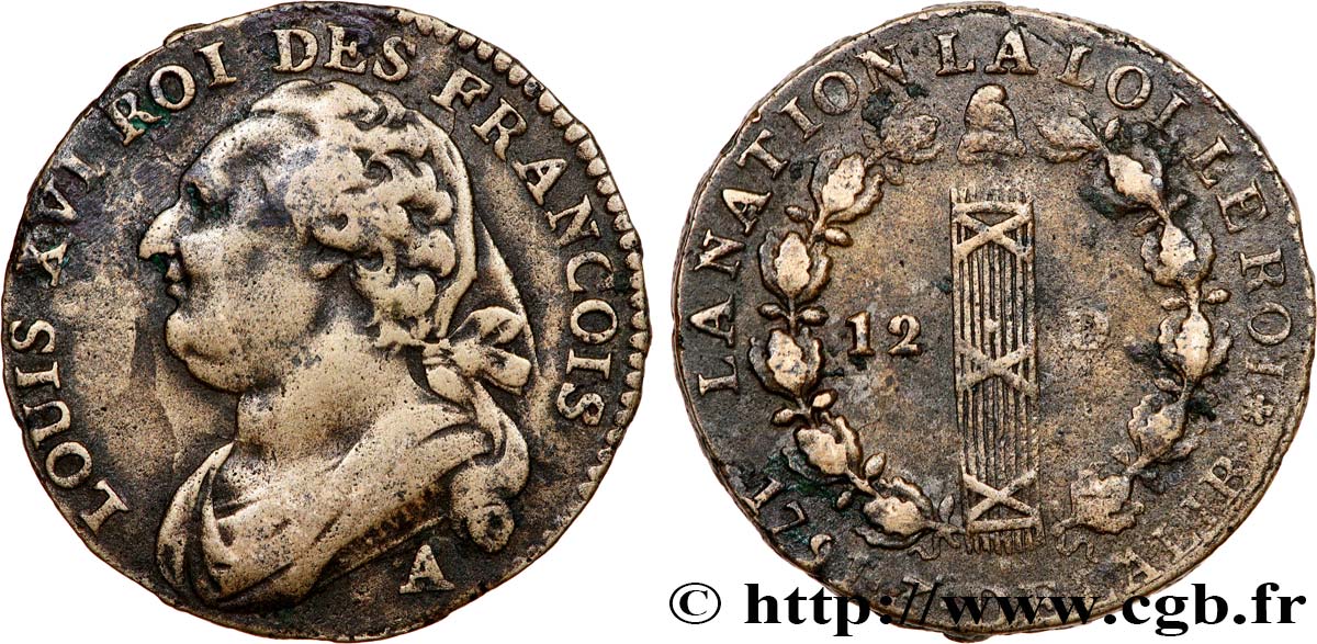 LOUIS XVI (MONARQUE CONSTITUTIONNEL)  12 deniers dit  au faisceau , type FRANÇOIS 1791 Paris TB+