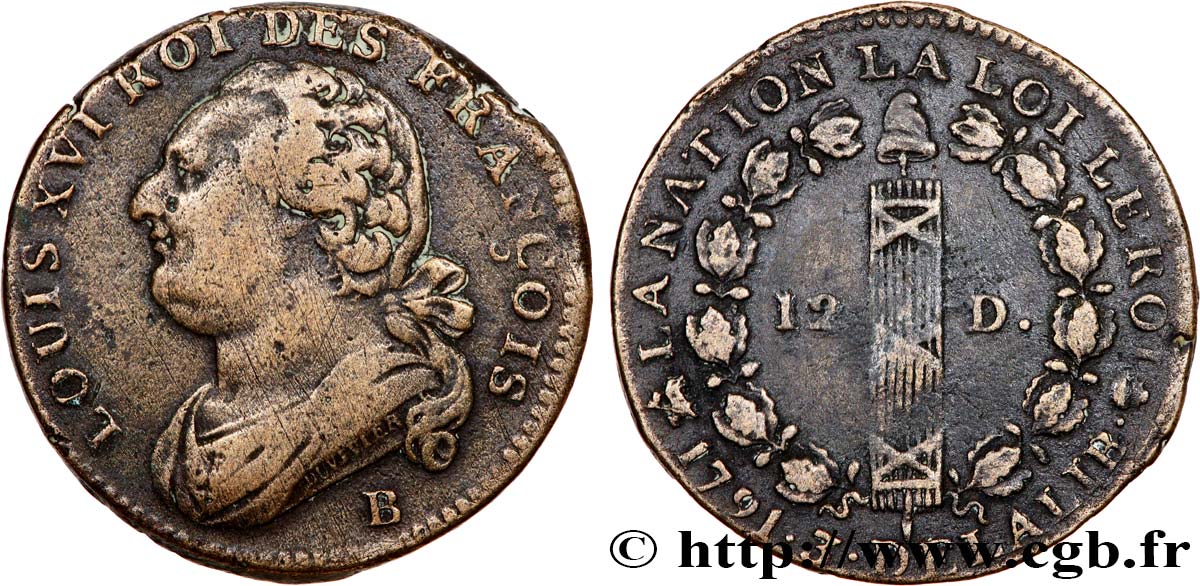 LOUIS XVI (MONARQUE CONSTITUTIONNEL)  12 deniers dit  au faisceau , type FRANÇOIS 1791 Rouen TB+