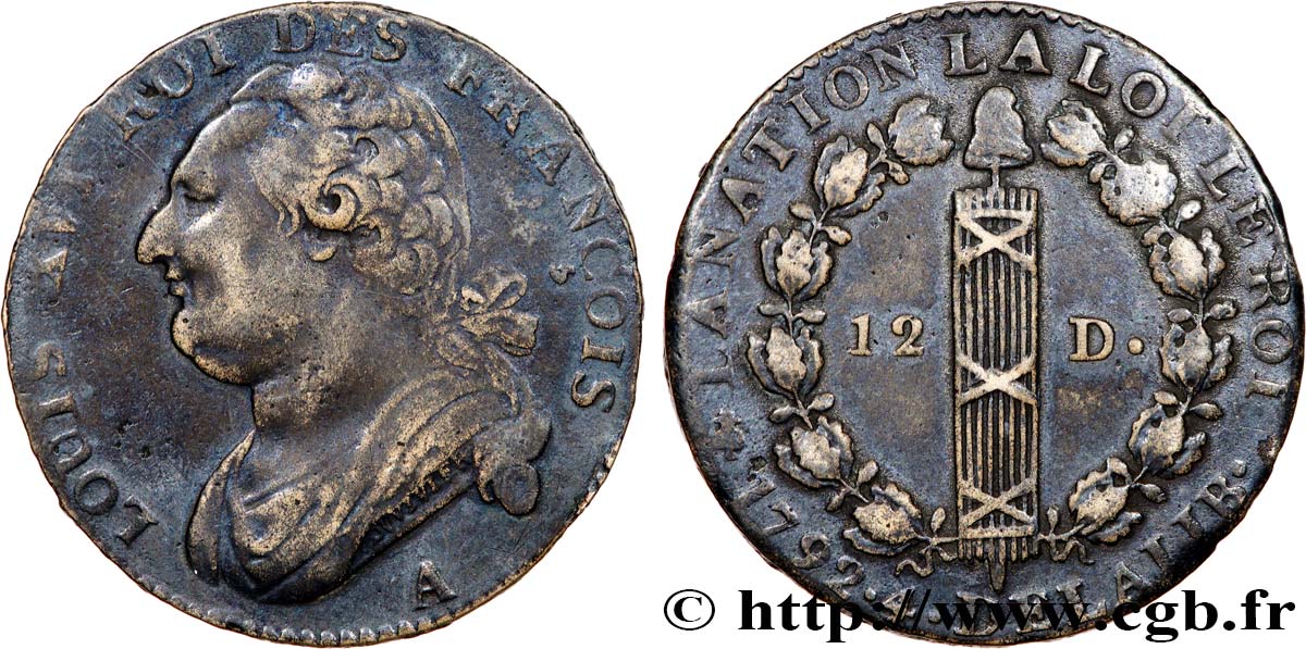 LOUIS XVI (MONARQUE CONSTITUTIONNEL)  12 deniers dit &nbsp;au faisceau&nbsp;, type FRANÇOIS 1792 Paris TB+
