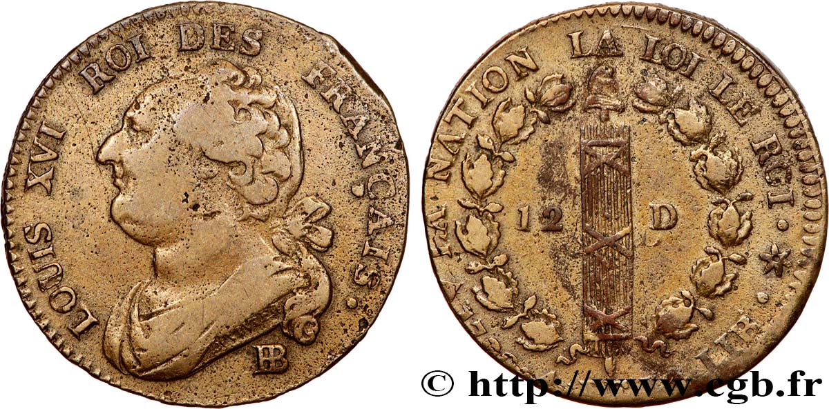 LOUIS XVI (MONARQUE CONSTITUTIONNEL)  12 deniers dit  au faisceau , type FRANÇAIS 1792 Strasbourg TB+
