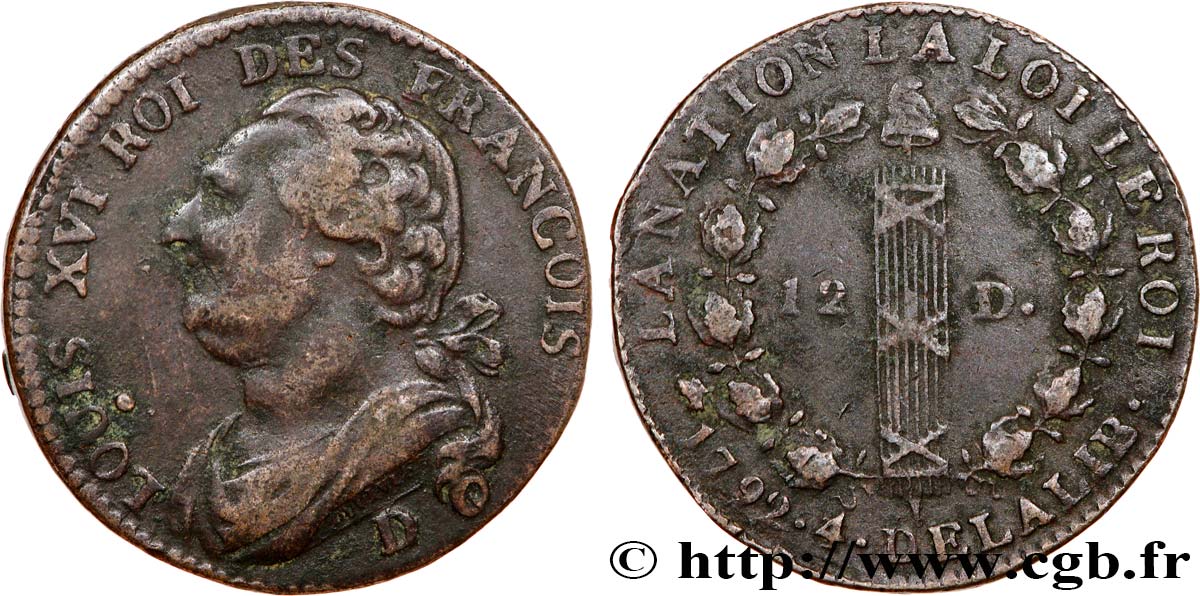 LOUIS XVI (MONARQUE CONSTITUTIONNEL)  12 deniers dit &nbsp;au faisceau&nbsp;, type FRANCOIS 1792 Lyon TB+