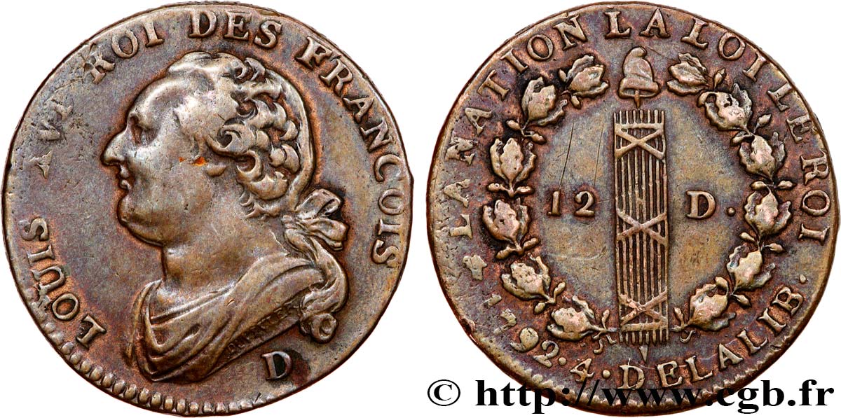 LOUIS XVI (MONARQUE CONSTITUTIONNEL)  12 deniers dit &nbsp;au faisceau&nbsp;, type FRANCOIS 1792 Lyon TTB